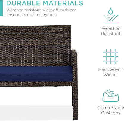 Conversation Set, 4-Piece Wicker Patio Set with Coffee Table, Brown and Navy