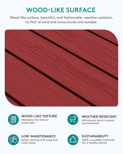 SERWALL Outdoor Coffee Table with 9FT Umbrella, HDPE Patio Coffee Table for Outside, Rectangle, Red(Not Include Umbrella Base)