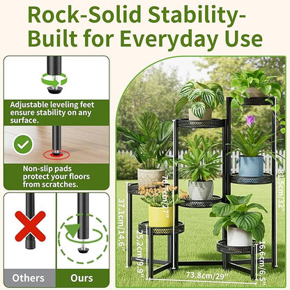 7 Tier Large Metal Plant Stand Indoor Outdoor with 7.9 Inch Wide Tray, Tiered Corner Plant Stand, Flower Display Holder Shelf, Folding Tall Rack for Patio Porch Balcony Living Room Garden - BlackWave
