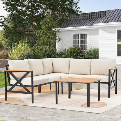 EROMMY 6 Pieces Patio Furniture Sets, Metal Outdoor Sectional Furniture L Shape Patio Conversation Sets with Fauxwood Coffee Table & 6.5" Olefin Cushions for Backyard, Garden, Poolside