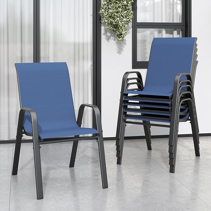 Patio Dining Chairs Set of 6, Stackable Dark Blue Textilene Mesh Seats