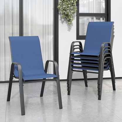 Patio Dining Chairs Set of 6, Stackable Dark Blue Textilene Mesh Seats