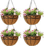 Outdoor Metal Hanging Planters Basket (4pack, 14 inch) Hanging Baskets for Plants Chain Round Wire Plant Holder with Coco Fiber Liners for Garden, Patio, Deck, Porch(Flower Border)