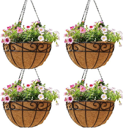 Outdoor Metal Hanging Planters Basket (4pack, 12 inch) Hanging Baskets for Plants Chain Round Wire Plant Holder with Coco Fiber Liners for Garden, Patio, Deck, Porch(Flower Border)