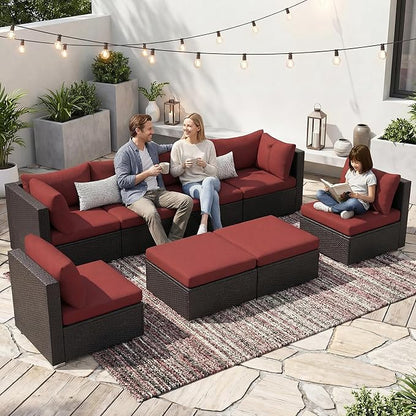 NICESOUL 29.3'' High Back Wicker Patio Furniture Set for 8 Person, Extra Big Outdoor Modular Sectional with Ottoman, Deep Seated Relax Conversation Sets for Backyard Deck, Brown and Red