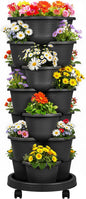 VECELO 7 Tier Vertical Garden Planter, Self Watering Stackable Planters with Wheels for Strawberries, Herbs, Flowers, Vegetables, Black