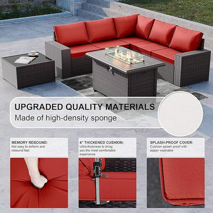 Kullavik 7 Pieces Outdoor Patio Furniture Set with 43" 55000BTU Gas Propane Fire Pit Table PE Wicker Rattan Sectional Sofa Patio Conversation Sets,Red