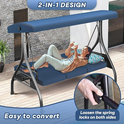 3 Seat Outdoor Porch Patio Swing with Stand 800lbs 2-in-1 Convertible Swing Bed with Adjustable Canopy & Removable Cushion for Yard Garden Deck (Blue, Square Tube)