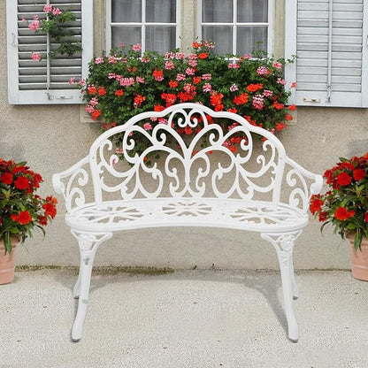 VINGLI 38.5" Patio Park Garden Outdoor Metal Rose Bench, 2-Person Cast Iron Cast Aluminium Frame Antique Finish Chair,Accented Lawn Front Porch Path Yard Decor Deck Furniture (White, Butterfly)