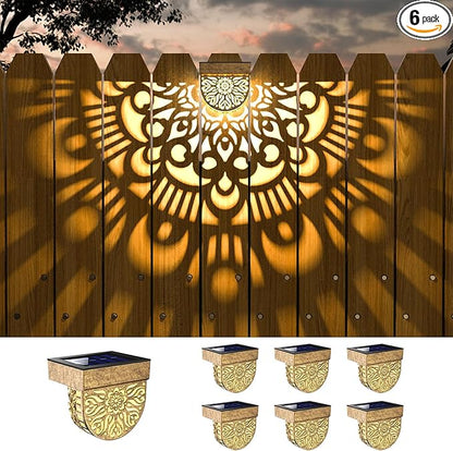 6 Pack Solar Fence Lights Outdoor Wall Lights Gold Plastic Solar Powered Deck Step Stair Lights Mandala Theme Waterproof Fence Solar Light for Garden Post Patio Backyard Yard Decor