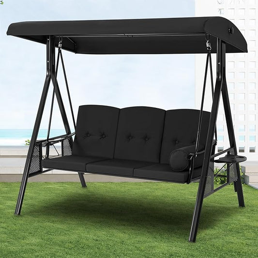 U-MAX 3-Seat Porch Swing Chair Steel Frame, Patio Swing Chair with Stand and Removable Cushions, Outdoor Canopy Swing Chair for Outside, Backyard, Garden, Black Cushion
