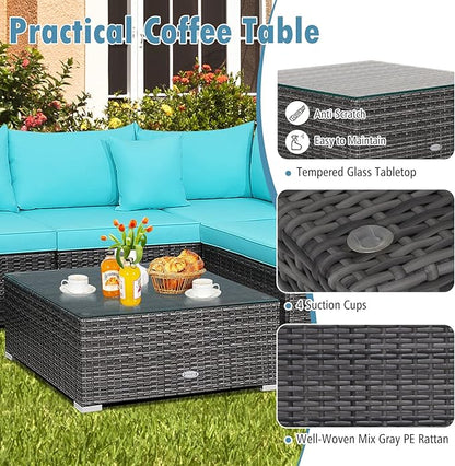 Tangkula 7 Pieces Wicker Patio Furniture Set, All-Weather Outdoor Rattan Sectional Sofa Set with Cushions & Tempered Glass Coffee Table, Outside Sofa Set for Garden, Lawn, Deck, Backyard (Turquoise)