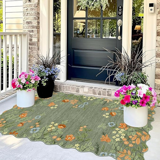 Outdoor Rug 3 x 5 Ft Sage Green Washable Polyester Floral Mat