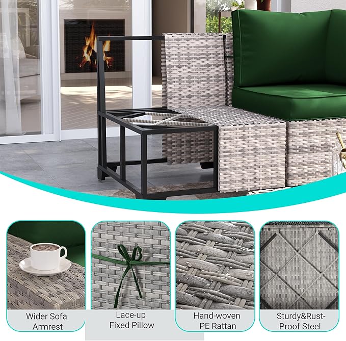 7-Piece Outdoor Patio Furniture Set with 55,000 BTU Fire Pit Table, PE Wicker Rattan Sectional Sofa Patio Conversation Set with Thickened Cushions & Coffee Table, Dark Green