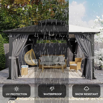 Aoxun 12'x14' Hardtop Gazebo, Aluminum Frame Canopy with Double Galvanized Steel Roof, Outdoor Metal Pavilion with Netting, Curtains for Backyard, Patio and Deck