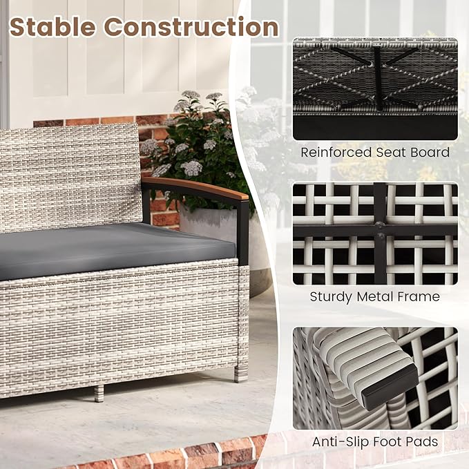 Outdoor Storage Bench with 46-Gallon Capacity and Grey PE Rattan Frame