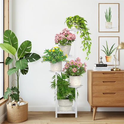 TOSKING 5 Tier Tall Plant Stand Indoor Outdoor, Heavy Duty Corner Shelf for Plants & Decor, Space Saving 3.9FT Metal Flower Pot Stand for Balcony, Garden, Living Room, Patio (White, 47in)