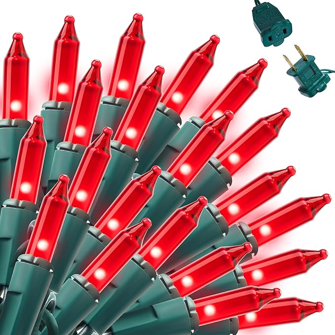 String Lights, 42.8 ft Red Incandescent with 200 T5 Bulbs, Green Wire