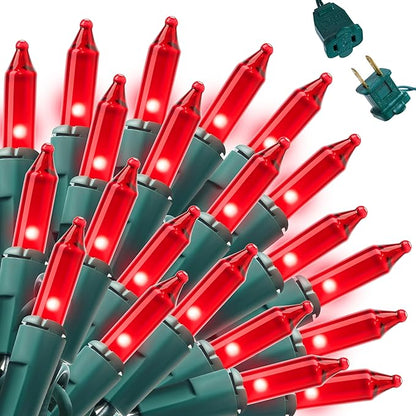 String Lights, 42.8 ft Red Incandescent with 200 T5 Bulbs, Green Wire