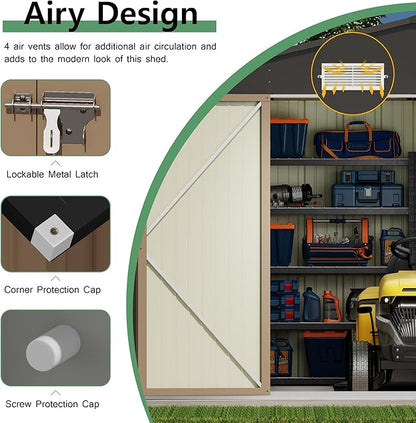Devoko 10x12 FT Outdoor Storage Shed, Large Metal Storage Sheds with Lockable Door, Utility Garden Tool Shed with Sloping Roof, Outside Steel Storage Sheds for Patio Lawn Backyard, Brown