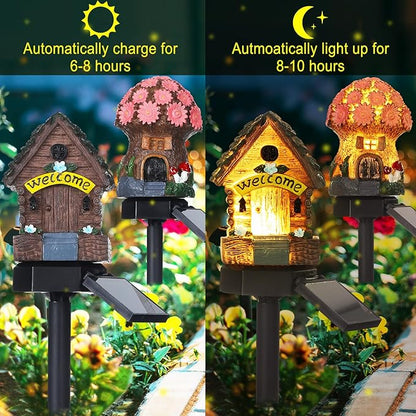 2 Pack Mushroom Fairy House Solar Light Spring Outdoor Garden Home Statue LED Light Fairy Lights for Outside Spring Garden Lawn Walkway Patio Yard Backyard Plant Decoration
