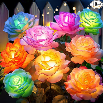 Solar Rose Lights Outdoor: 10 Pack IP65 Waterproof 7-Color Changing LED Flower Stakes for Garden Pathway Patio Lawn Decorative - Auto On Off 10H+ Lighting