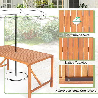 Tangkula 55" Acacia Wood Outdoor Dining Table for 4-6 Person, Rectangular Patio Dining Table with 2" Umbrella Hole and Support Bars, Indoor Outdoor Dining Furniture for Deck, Garden, Poolside & Yard