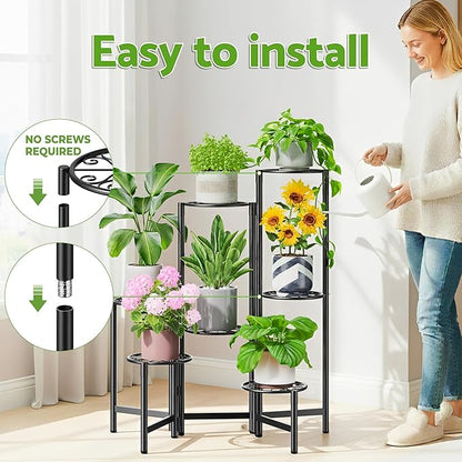 Plant Stand Outdoor,7 Tier Foldable Corner Tall Plant Shelf for Multiple Plants Flower Pot Holder Display Stand for Living Room Balcony Garden Patio -BlackS