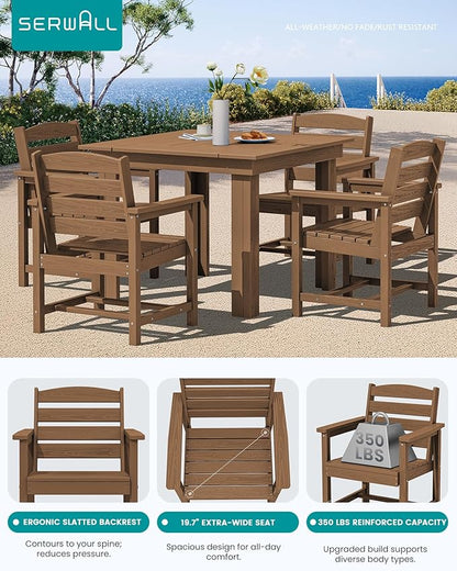 SERWALL Outdoor Dining Set for 4, HDPE Square Table and Chairs Set All Weather Patio Dining Set with 4 Classic Dining Chairs, 5-Piece Patio Dining Furniture for Deck, Brown