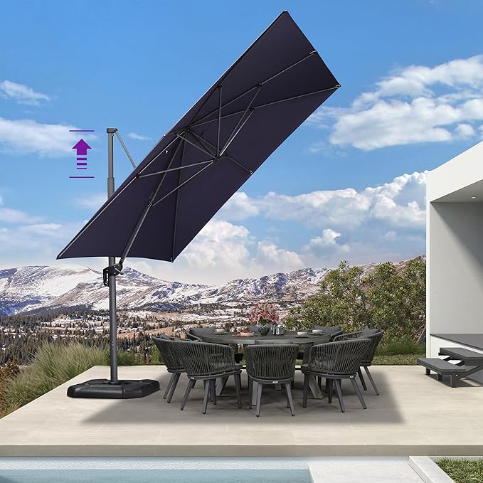 PURPLE LEAF 11.5' X 11.5' Telescopic Patio Umbrella Outdoor Cantilever Umbrella Square Up Down Lifting Offset Umbrella with 360-degree Rotation for Garden Deck Pool Patio Navy