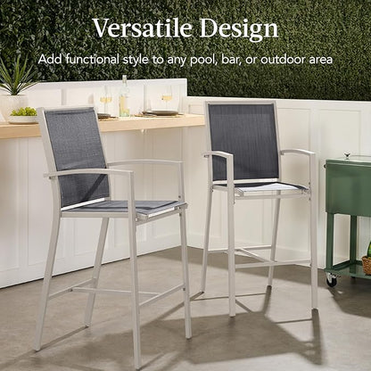 Best Choice Products Outdoor Bar Stools Set of 2, Bar Height, Patio Furniture, All Weather Mesh Design w/Armrest - Taupe/Charcoal