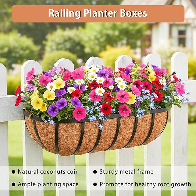 36'' Window Box Railing Planter with Coco Liner,2 Pack Horse Trough Planters Black Metal Hanging Flower Planters Basket for Porch Fence Patio Indoor Outdoor Lawn