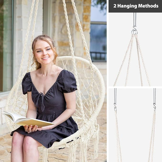 Hammock Chair with Side Pocket, Beige Cotton Rope, 330 lb Capacity