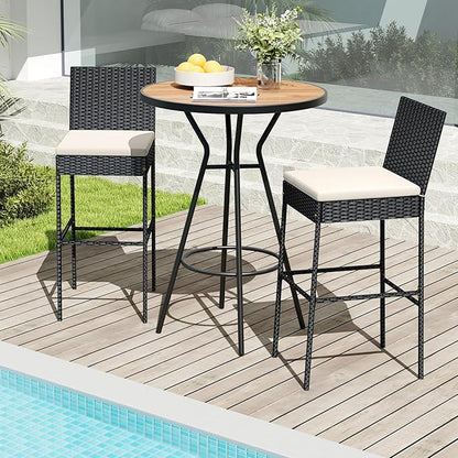 HAPPYGRILL Wicker Patio Barstools Set of 2, Outdoor Rattan Bar Chairs with Footrest & Backrest, Armless High Top Chairs with Seat Cushions for Backyard, Balcony
