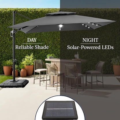Best Choice Products 12x12ft LED Cantilever Patio Umbrella w/Base Included & 360° Rotation, Large Solar Offset Hanging Outdoor Sun Shade for Deck, Backyard Table w/Stand & Lights – Gray