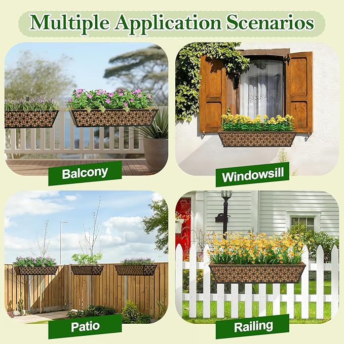 SPECILITE 24" Window Boxes Planters, Heavy Duty Metal Railing Planter Boxes, Adjustable Balcony Planters for Railing Hanging, with Coco Liner & Tool Set for Deck, Porch, and Patio Gardening (6 Pack)