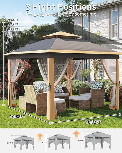 Garveelife 11x11 Pop Up Gazebo Tent with Mosquito Netting, Outdoor Canopy Shelter Easy Setup, Water & UV Resistant - Khaki
