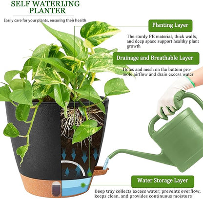 2 Pack 8 Inch Pots for Plants Indoor, Plastic Self Watering Planters with Drainage Holes, Water Level Indicator & Deep Reservoir, Decorative Flower Pots Indoor Outdoor Use (Black