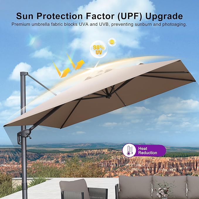 PURPLE LEAF Patio Umbrella 9' X 9' Rectangle Cantilever Umbrella Large Aluminum Outdoor Umbrellas with 360-degree Rotation & UPF40+ Premium Fabric for Deck Pool Garden Yard, Sand Dune