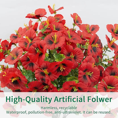 12 Bundles Artificial Pansy Flowers for Outdoor, Faux Silk Pansies Spring Flowers Outside for Planter Front Door Porch Patio Yard Window Box Home Decor (Red)