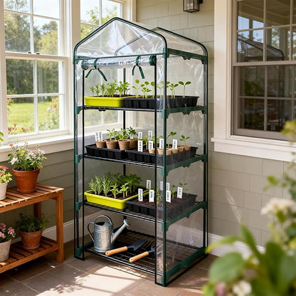 Worth Garden 4 Tier Mini Greenhouse - 63'' H x 27'' L x 19'' W - Sturdy Portable Gardening Shelves with PVC Cover - Small Green House Use in Indoor & Outdoor for Plants Flowers