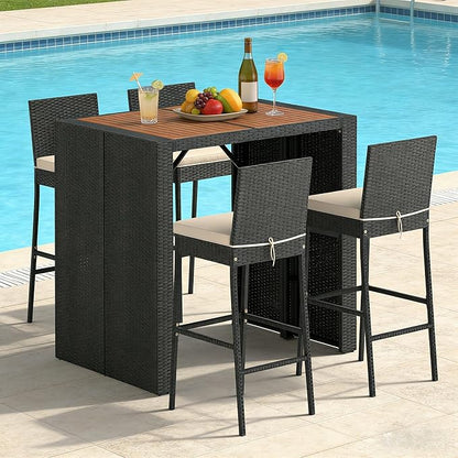 COSTWAY 5 Piece Patio Bar Set, Outdoor Rattan Wicker Bar Table and 30'' High Top Chairs Set with Acacia Wood Tabletop and Cushions for Poolside, Backyard