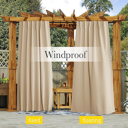 NICETOWN 2 Panels Outdoor Curtains for Patio Waterproof & Windproof, Thermal Insulated Top & Bottom Pocket & Back Tab Light Block Outdoor Drapes with Bonus Rope for Fixed, Biscotti Beige, W52 x L95