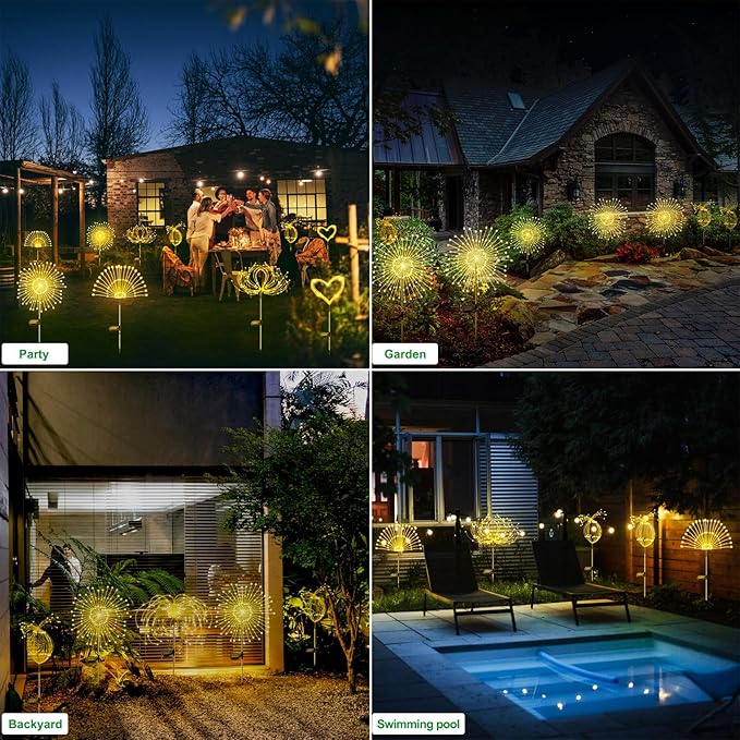 Solar Garden Lights Outdoor Waterproof, 2 Pack 120 LED Solar Firework Lights Decorative Garden Décor Outside for Flowerbed Pathway Party Christmas Decoration, Warm White