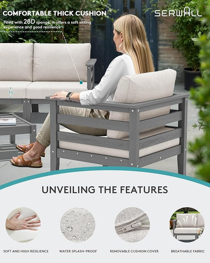 SERWALL HDPE Patio Furniture Set, 4 Pieces Outdoor Sectional Sofa Set, All-Weather Wood-Like Outdoor Sofa Couch with Coffee Table for Deck, Lawn, Grey Frame with Khaki Cushion