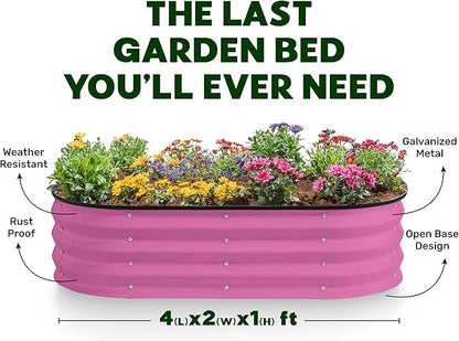 Plant & Plot Galvanized Raised Garden Beds Outdoor // 4×2×1 ft Planter Raised Beds for Gardening, Vegetables, Flowers (Pink) // Large Metal Garden Box