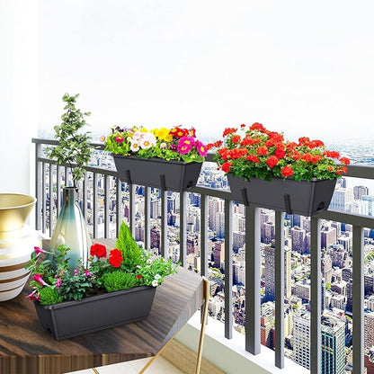 ETELI Deck Railing Planter Boxes 6 Pack Window Box with Brackets Adjustable Balcony Fence Planters Hanging Flower Boxes for Porch Patio Garden Outdoor, Grey & Black