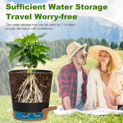 Self Watering Pots, 7/6.5/6/5.5/5/4 inch Flower Pots with Multi Mesh Drainage Holes, Small Platic Planters for Indoor Outdoor Garden Plants and Flowers (Black with Brown Tray, 7"+6.5"+6"+5.5"+5"+4")