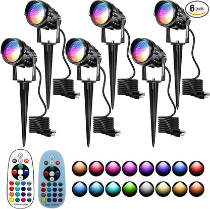 12W RGBW Color Changing Landscape Spotlights, 110V Plug-in Outdoor LED Spot Lights with Remote Control, IP65 Waterproof Garden Tree Lights for Yard Pathway Halloween Christmas Decoration (6 Pack)