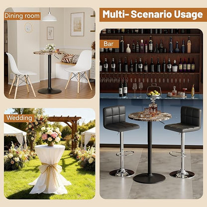Flamaker Round Bistro Pub Table 23.6 Inch Height Adjustable 360° Swivel Bar Table Metal Base for Pub, Dining Room, Party (2, Marble-Black)